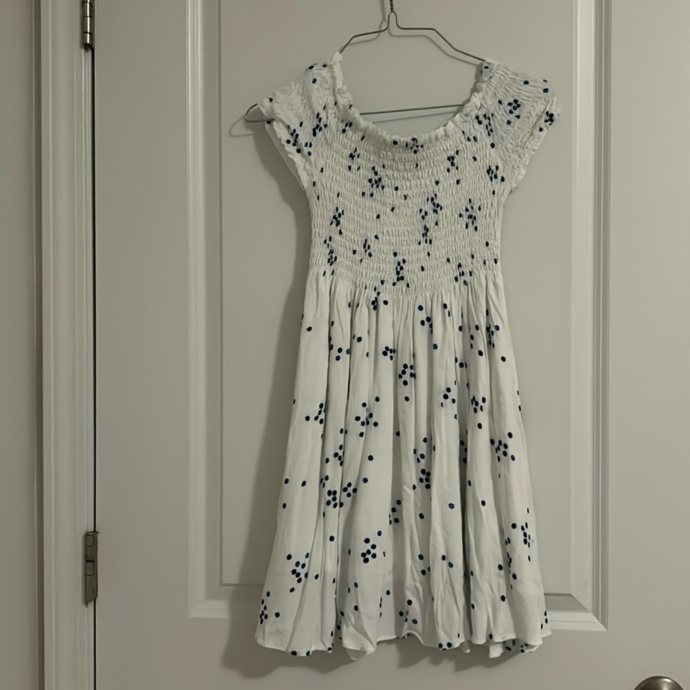 White blue watercolored polkadot dress from Lulus